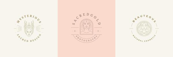 Feminine logos emblems design templates set with magic female portraits illustrations minimal linear style. vector
