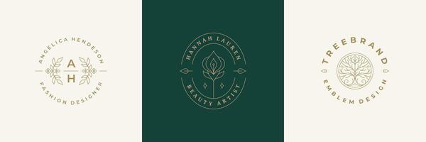 Botanical logos emblems design templates set with blossom flowers illustrations minimal linear style vector