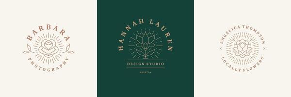 Flower logos emblems design templates set with botanical plants and rose illustrations minimal linear style vector