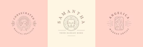 Feminine logos emblems design templates set with magic female portraits illustrations minimal linear style. vector