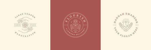 Feminine logos emblems design templates set with woman hands and flowers illustrations minimal line art style vector
