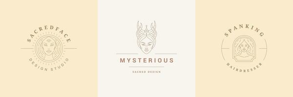Feminine logos emblems design templates set with magic female portraits illustrations minimal linear style. vector
