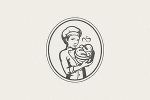 Woman baker in chef uniform with container of fresh buns work in bakery hand drawn stamp effect illustration. vector
