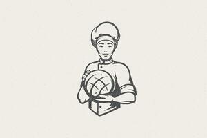 Man baker in chef uniform holding loaf of fresh bread working in bakery hand drawn stamp effect illustration. vector
