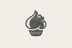 Silhouette of retro emblem of cupcake with cream as symbol for bakery hand drawn stamp effect illustration. vector