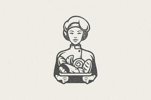 Woman baker in chef uniform with container of fresh buns work in bakery hand drawn stamp effect illustration. vector