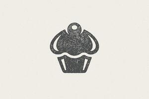 Silhouette of retro emblem of cupcake with cream as symbol for bakery hand drawn stamp effect illustration. vector