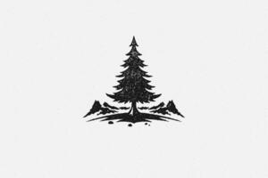 Silhouette of coniferous forest tree located near mountain ridge in nature hand drawn stamp effect illustration. vector