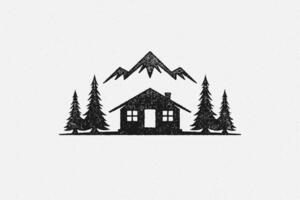 Silhouette shack hut located near coniferous forest and mountain ridge in countryside hand drawn stamp vector