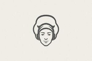 Logo icon head of smiling male cook silhouette in chef hat hand drawn stamp effect illustration. vector