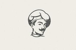 Logo icon head of smiling male cook silhouette in chef hat hand drawn stamp effect illustration vector