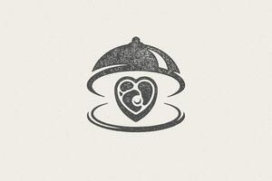 Heart shape beef steak silhouette served on tray with open cloche hand drawn stamp effect illustration. vector