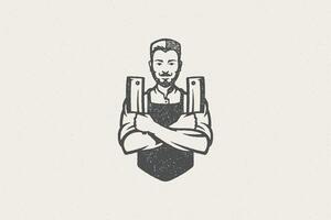 Man crossing arms with sharp knives while working in butchery hand drawn stamp effect illustration. vector