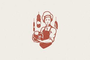 Man in apron and cap demonstrating piece of fresh meat hand drawn stamp effect illustration. vector