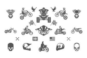 Vintage custom motorcycles silhouettes and icons isolated on white background illutrations set vector