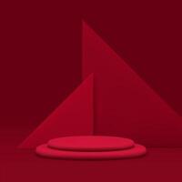 Red 3d cylinder podium pedestal with triangle wall background realistic illustration vector