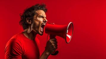 Advocacy portrait style with person holding megaphone on red background photo