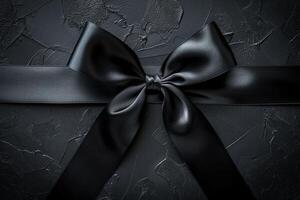 Top view of black satin ribbon bow on dark background. Gothic design element. photo