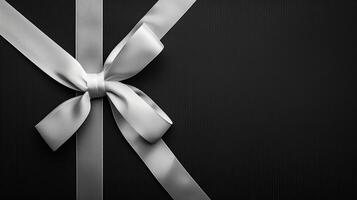 Flat lay composition of white ribbon bow atop black background. Elegant minimalism showcased. photo