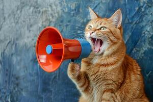 Orange cat with mouth open yelling through a megaphone creating a lively scene photo