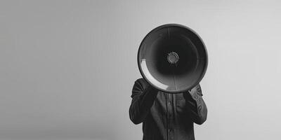 Person holding megaphone with face obscured on grey background illustrating unorganized communication concept photo