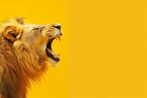Roaring lion with yellow megaphone on matching background for web banner concept photo