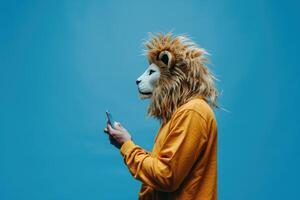 Freak guy in lion mask using smartphone for social networking. photo