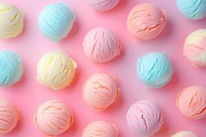 Vibrant ice cream scoop balls on different colored backgrounds, top view of delicious frozen treats photo
