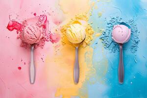 Top view of colorful ice cream scoop balls on various background colors, vibrant and delicious photo