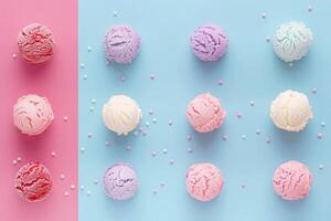 Top view of assorted ice cream scoop balls on various colored backgrounds, vibrant and tempting photo