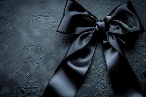 Black satin ribbon bow arranged in top view on dark background. Gothic-inspired design feature. photo