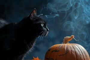 Pumpkin with black cat on a dark Halloween background creating a spooky scene photo