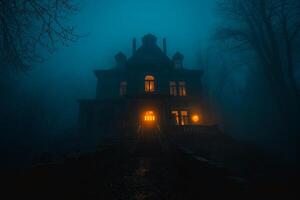 Spooky haunted house emits eerie glow and mysterious sounds, inviting curiosity. Ideal for Halloween tales. photo