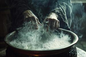 Witch's hands creating mysterious potion in bubbling cauldron. Magical atmosphere. photo
