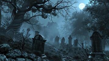 Moonlit graveyard with gnarled trees and swirling mist. Perfect setting for Halloween narratives. photo