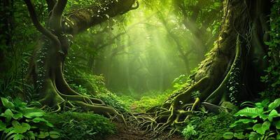 Mystical jungle with enigmatic vibe. Fantasy forest artwork. photo