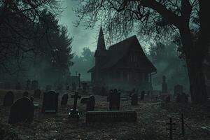 Spooky graveyard scene enveloped in fog, featuring haunted house and ancient wooden church. Perfect for Halloween tales. photo