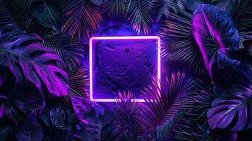 Minimalist neon frame featuring tropical elements and purple light. Contemporary design. photo