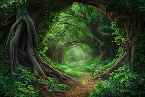 Magical forest with winding paths. Enchanting fantasy landscape. photo