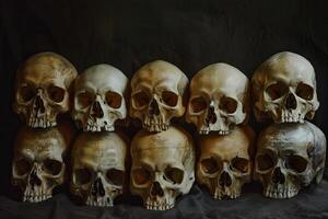 Balanced skulls and bones in harmonious still life with reflection. Dark artistic concept. photo