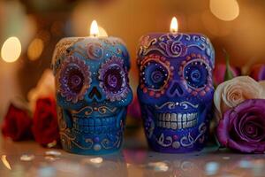 Sugar skull candles adorned with intricate designs, encircled by roses, featuring candlelight focus effect. photo