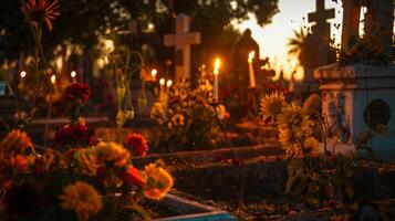 Tranquil Day of the Dead cemetery scene with solemn remembrance. Peaceful and atmospheric. photo