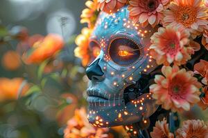 Cyborg Day of the Dead queen blending traditional and futuristic aesthetics in eternal dance photo