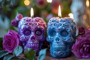 Sugar skull candles with intricate designs, surrounded by roses, candlelight focus effect. photo
