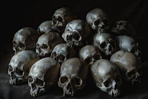 Dark artistic still life with balanced skulls and bones reflecting. Macabre concept. photo