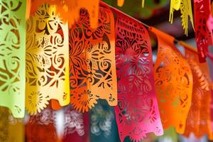 Colorful Day of the Dead Papel Picado adds vibrancy to the fiesta atmosphere, celebrating in lively hues. photo