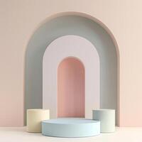Minimalistic 3D rendering of a sleek podium with a pastel backdrop photo