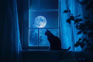 Lone black cat on moonlit windowsill against starry sky. Captivating, mysterious ambiance. photo