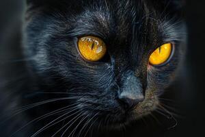 Black cat with striking yellow eyes on a dark background for a mysterious atmosphere photo