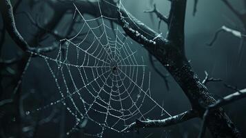 Minimalist animation of spider web with glistening spider, eerie and atmospheric scene photo